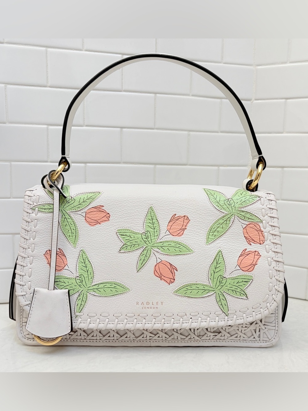 RADLEY LONDON Kentucky Derby 2022 Cording Street White Leather Grab Bag-EUC
